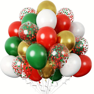 50pcs Round Rubber Balloons Mixed Color Set - 12 Inch Metallic Golden, Red & Green Confetti for Party Decorations, Suitable for Ages 14+, Versatile for Christmas, New Year, Weddings, Valentines & Universal Celebrations