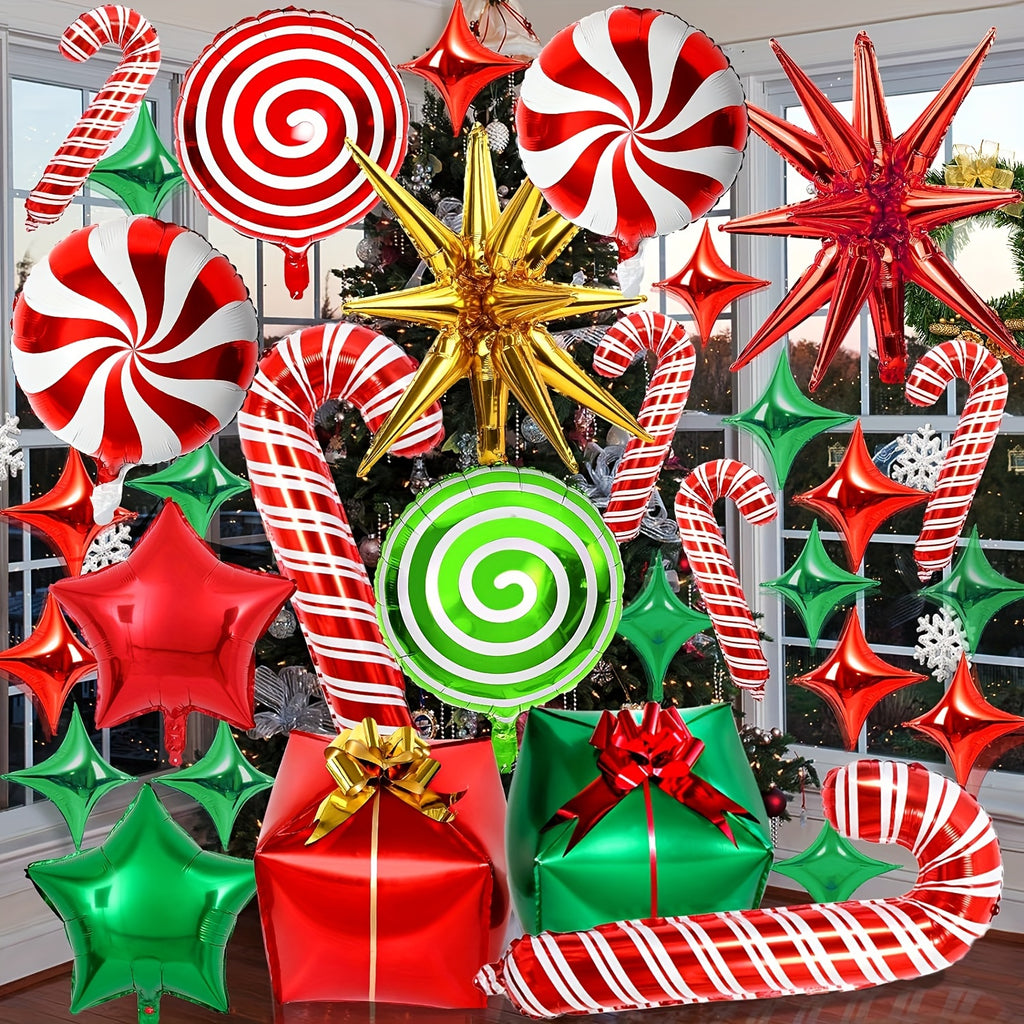46pcs Mylar Merry Christmas Balloons, Candy Foil Garland Arch Kit, Cane Swirl Birthday Decorations for Winter New Year Holiday Party