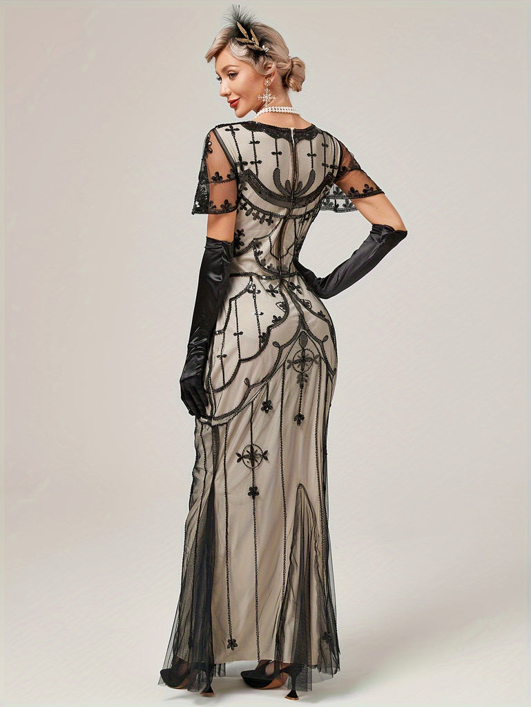 Vintage Long Length Embroidered Wedding Dress - Stunning Sequin Crew Neck Fitted Gown for Women - Polyester, No Elasticity, Woven, Perfect for Party, Banquet, Engagement, Ceremony and Special Occasions