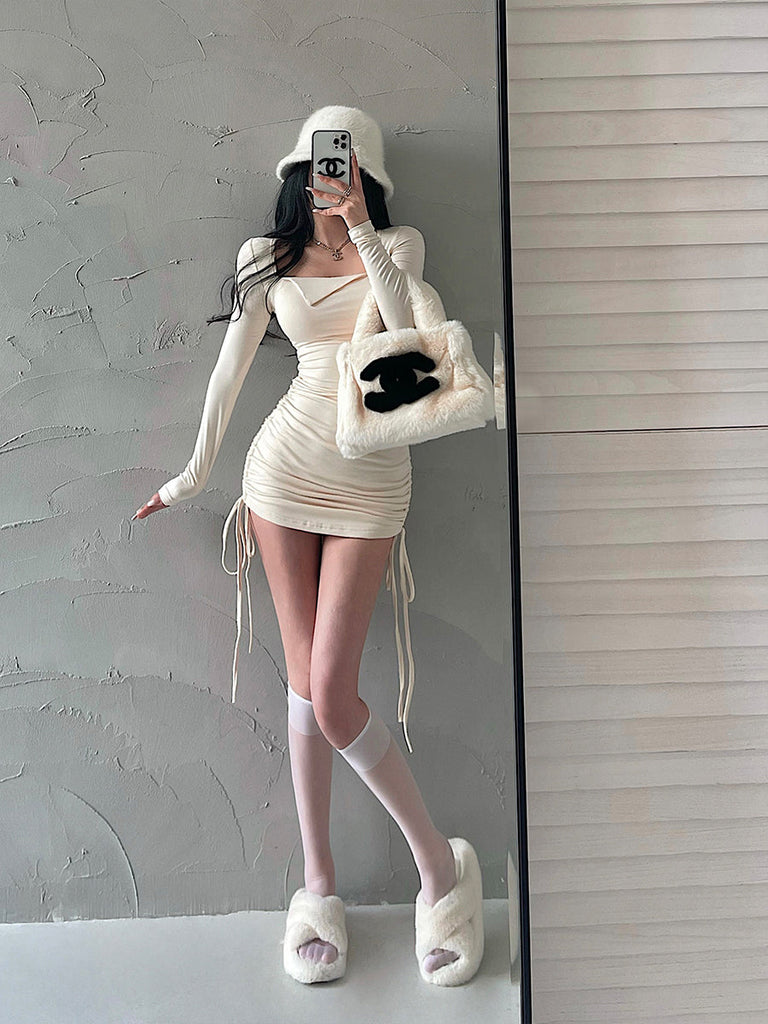 goosudu Mai Solid Color Long Sleeve Square Neck Lapel Drawstring Pleated Slim Mini Dress