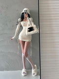 goosudu Mai Solid Color Long Sleeve Square Neck Lapel Drawstring Pleated Slim Mini Dress