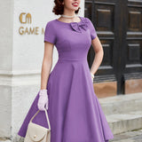 Vintage Elegance & Charm: Crew Neck Bow-Front Flared A-line Midi Dress by MUXXN for Spring/Summer