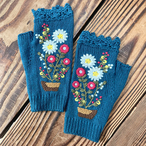 Winter Warmth Fingerless Tribal Embroidered Gloves - Soft Acrylic Knit, Fleece Lined, Elastic, and Hook Up Design for Going Out - Handcrafted with Love