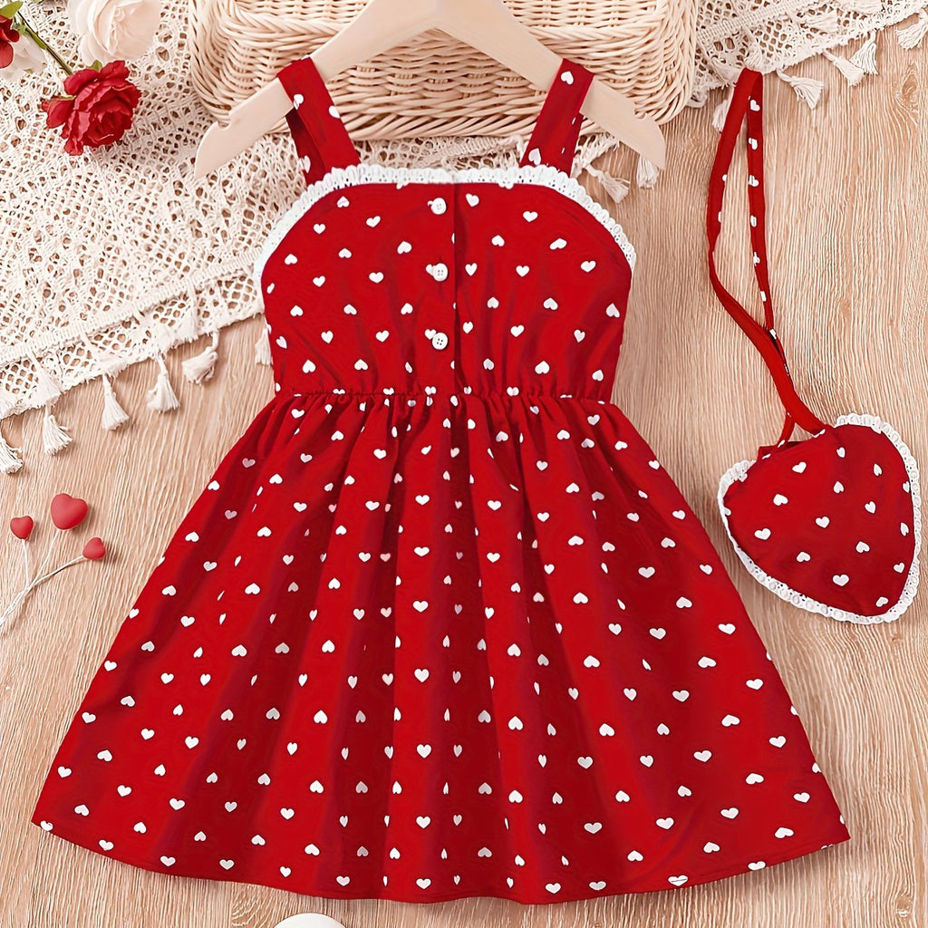 Toddler Girls Heart Graphic Lace Trim Button Pocket Princess Cami Dress With Bag For Party Kids Summer Clothes
