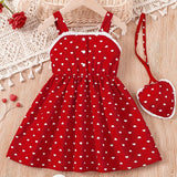 Toddler Girls Heart Graphic Lace Trim Button Pocket Princess Cami Dress With Bag For Party Kids Summer Clothes