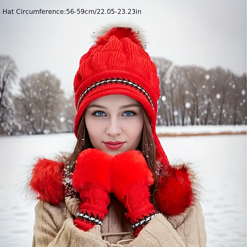 Winter Knit Beanie and Fingerless Gloves Set for Women, 100% Polyester Furry Hat with Ear Warmer - Elastic Yarn-Dyed Knitted Cap and Gloves Combo, Fashionable Cold Weather Accessories