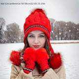 Winter Knit Beanie and Fingerless Gloves Set for Women, 100% Polyester Furry Hat with Ear Warmer - Elastic Yarn-Dyed Knitted Cap and Gloves Combo, Fashionable Cold Weather Accessories