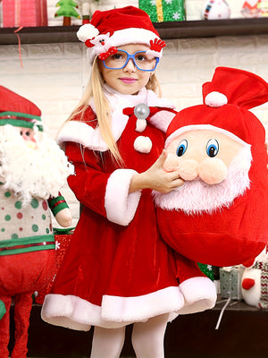 Red & White Velvet Girls' Warm Christmas Dress Up Outfit with Long Sleeve, Faux Furry, Spliced Standing Collar, Poncho, Hat & Bag for Party