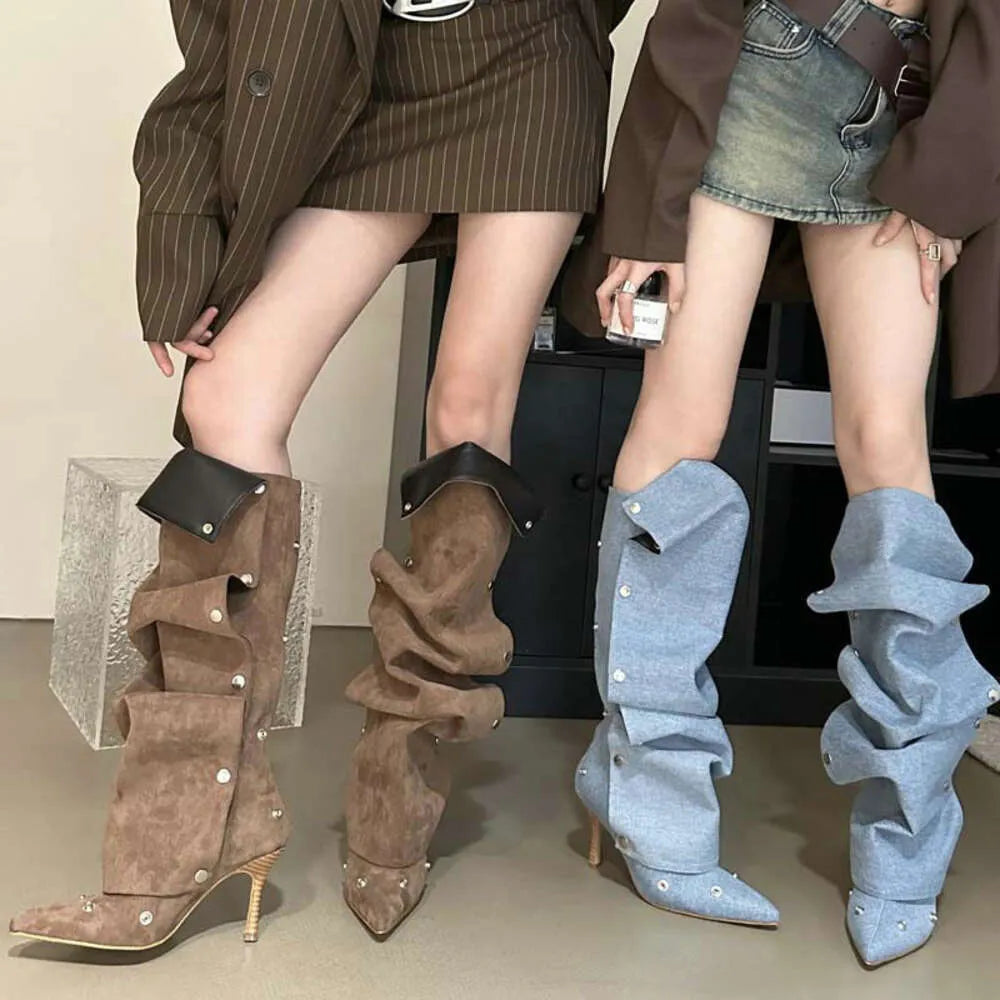 Two Wear Stiletto Heels Denim Pleated Pile Female Spice Fashion Boots Kq8
