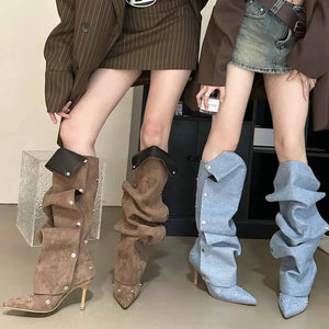 Two Wear Stiletto Heels Denim Pleated Pile Female Spice Fashion Boots Kq8