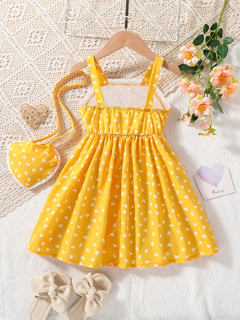 Toddler Girls Heart Graphic Lace Trim Button Pocket Princess Cami Dress With Bag For Party Kids Summer Clothes