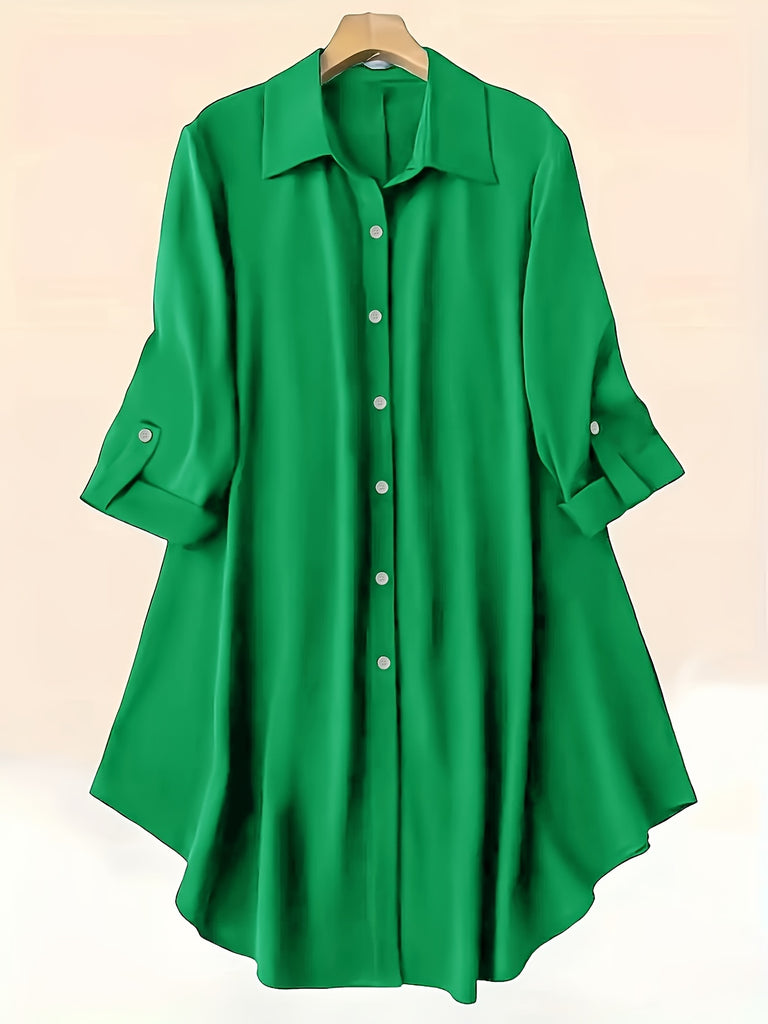 Plus Size Solid Collared Button Shirt - Relaxed Fit for Ultimate Comfort, Classic Long Sleeves, Stylish Solid Collar, and Button Front - Perfect for Transitioning Seasons (Spring & Fall), Designed Specifically for Plus Size Women