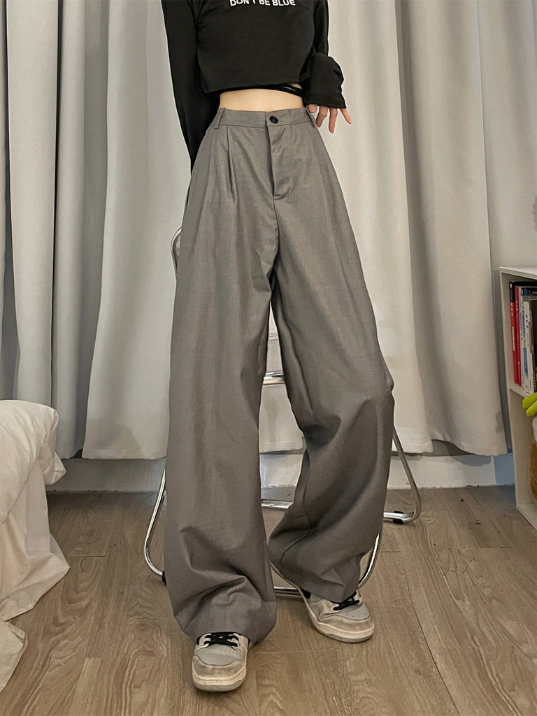 goosudu Shelly Solid Color Retro Drape High Waist Straight Loose Casual Suit Pants