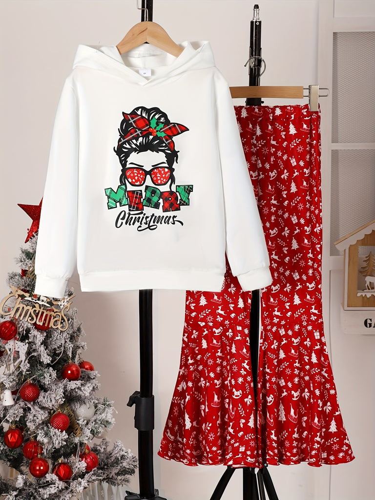 2pcs MERRY CHRISTMAS Anime Girl Print Hoodie & Flared Pants Set, Girl's Hooded Long Sleeve Top, Kid's outdoor Clothes For Spring Fall Winter