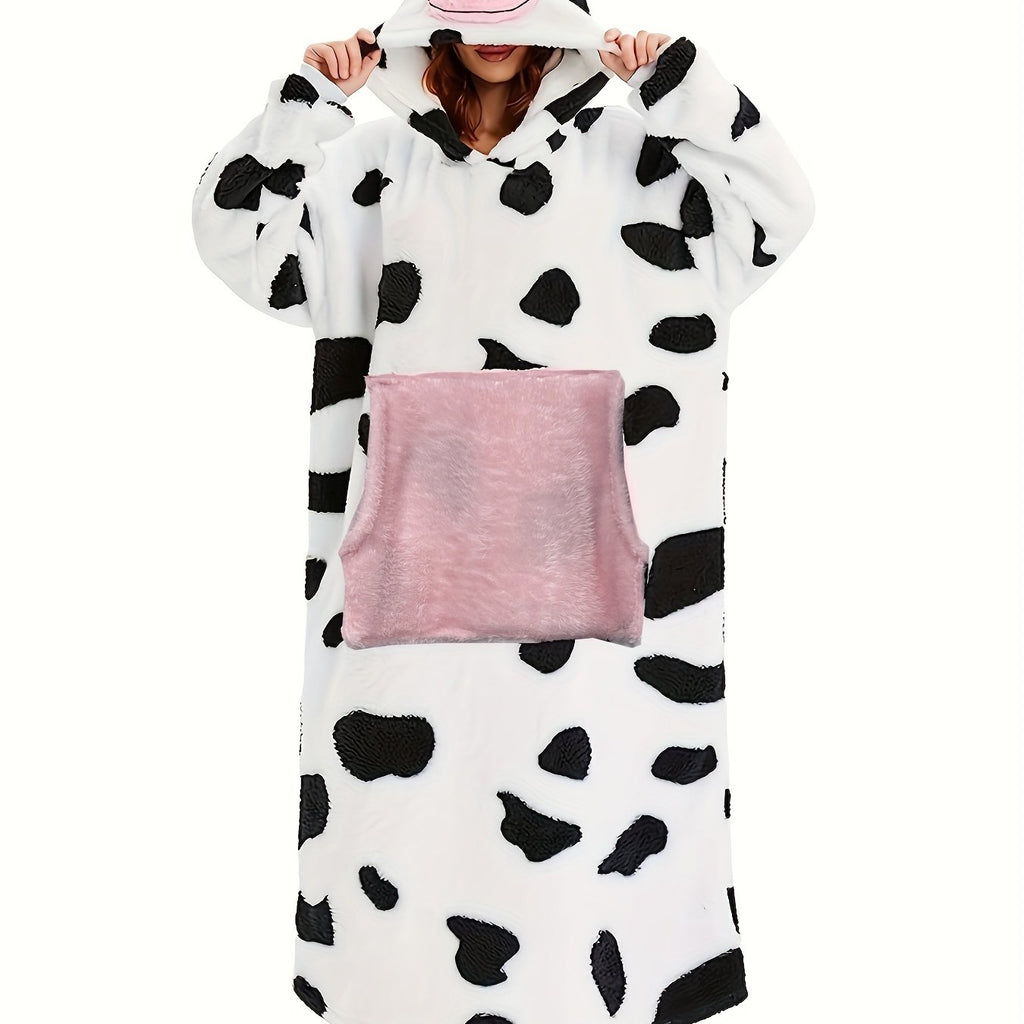Cozy Plus Size Womens Cow Pattern Robe - Soft Flannel Hooded Wearable Blanket with Adorable Ear Decor and Handy Pockets - Oversized for Ultimate Lounging Comfort