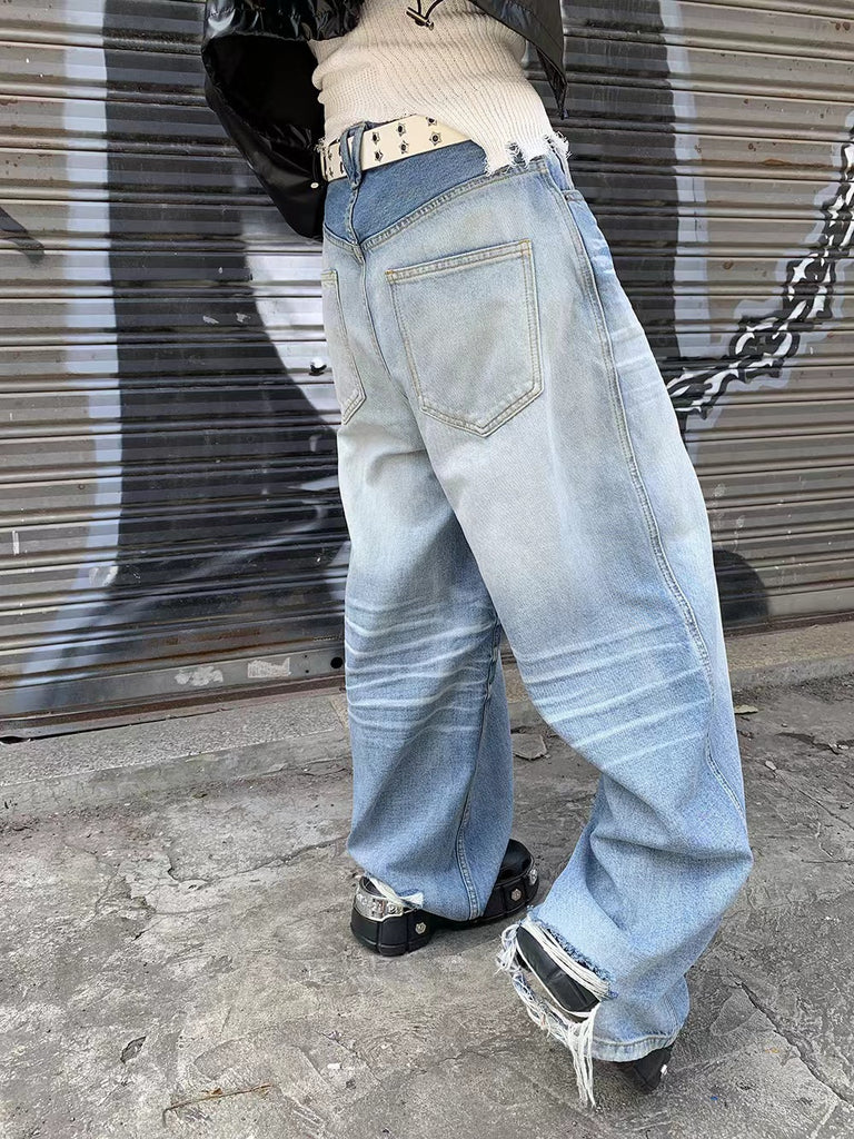 Goosudu Patchwork High Waist Unusual Ripped Jeans