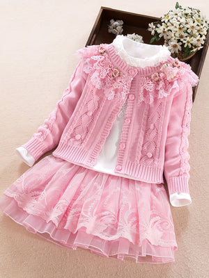 3pcs Knitwear Set For Girls, Lace Collar Knit Cardigan + Mock Neck Pullover + Mesh Skirt, 100% Cotton Comfy Spring/ Fall Clothes