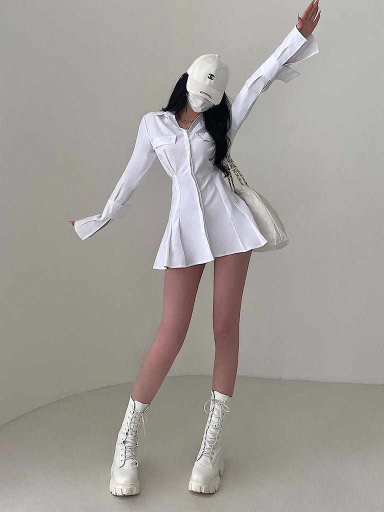 goosudu Chelly Solid Color Slim Long Sleeves Shirt Pleated Button Up Waist Short Mini Dress