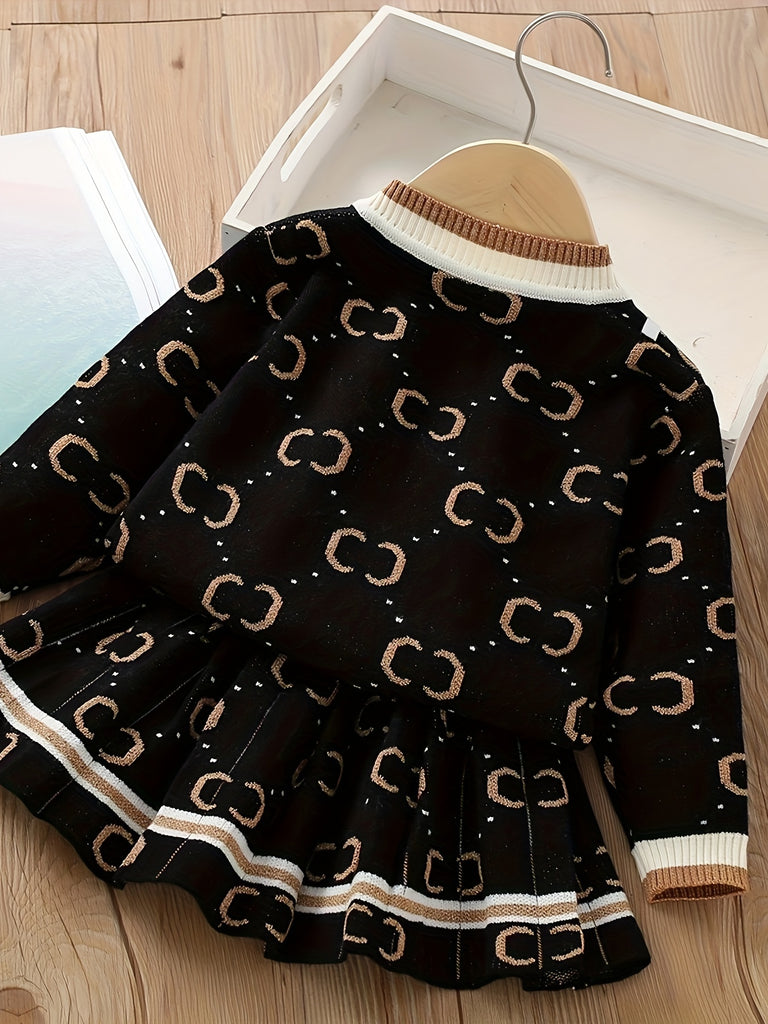 1 Set Adorable Girl's Contrast Knit Long-Sleeve Crew Neck Cardigan Coat + Matching Skirt - Soft, Comfy, and Versatile Winter & Fall Daily Casual Outfit for Girls, Perfect as a Gift