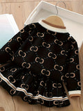 1 Set Adorable Girl's Contrast Knit Long-Sleeve Crew Neck Cardigan Coat + Matching Skirt - Soft, Comfy, and Versatile Winter & Fall Daily Casual Outfit for Girls, Perfect as a Gift