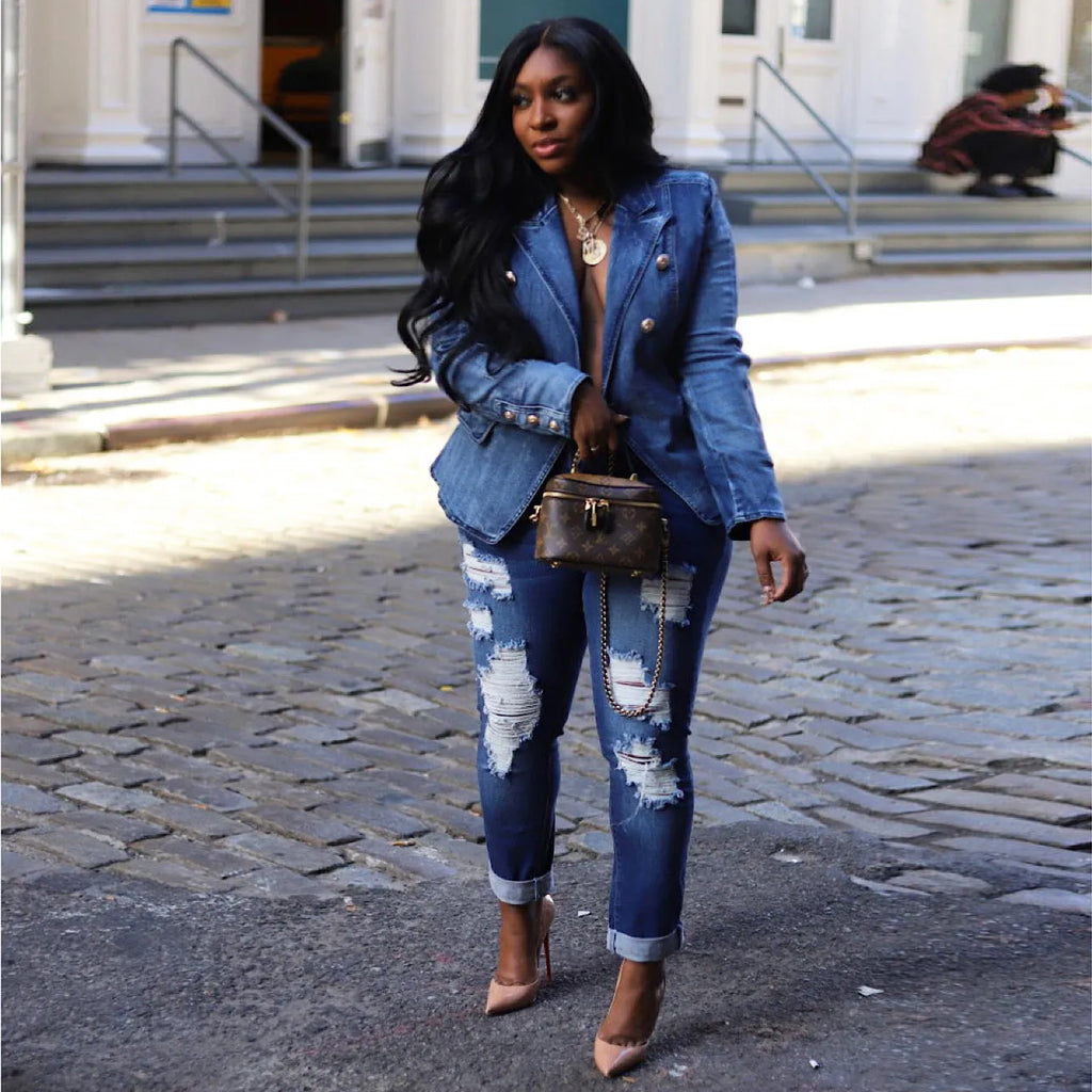 Autumn Slim Short Denim Jackets Women Fashion Buttons Notched Long Sleeve Open Stitch Denim Blazer Coats Female Streetwear S-XXL