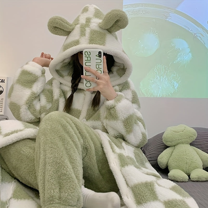 Cozy Plaid Bear Hooded Robe - Soft Flannel Wearable Blanket with Long Sleeves, Perfect for Fall & Winter | Machine Washable