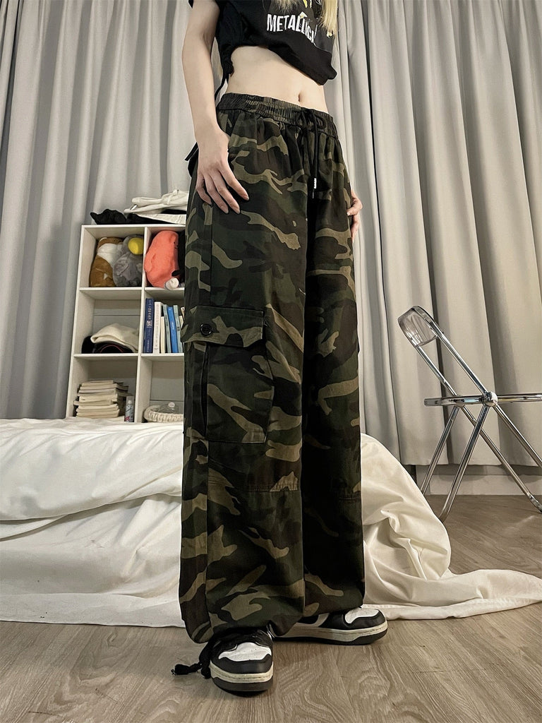 goosudu Brianna Army Green Camouflage Streetwear Multi-Pocket High Waist Straight Leg Cargo Pants