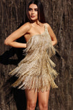 goosudu One Shoulder Metallic Fringe Mini Dress - Gold