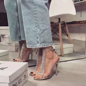 Rhinestone Women's Thick-Heeled  New Summer High-Heeled Sandals With Drilled Hollow Fish Mouth Kq8