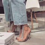 Rhinestone Women's Thick-Heeled  New Summer High-Heeled Sandals With Drilled Hollow Fish Mouth Kq8