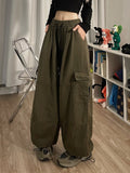 goosudu Shawn Solid Color Retro High Waist Straight Wide Leg Multi-Pocket Loose Casual Pants