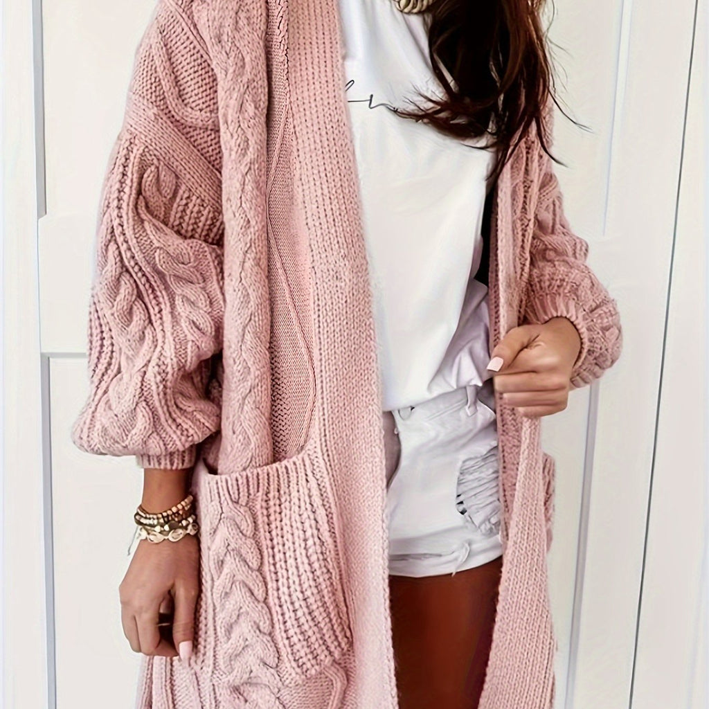 Cozy Plus Size Knit Cardigan - Comfy Cable Pattern with Pockets, Long Sleeve, Open Front - Ideal for Everyday Wear