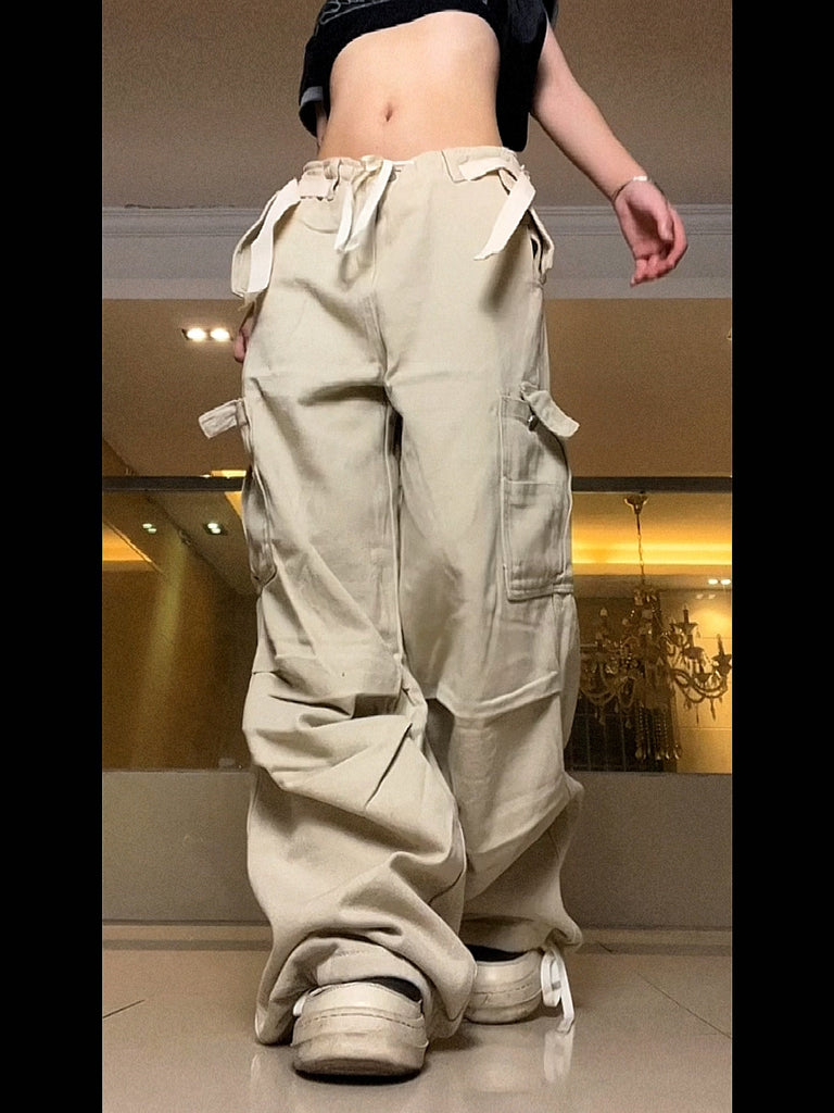 goosudu Kenny Solid Color Multi-Pocket High Waist Straight Wide Leg Cargo Pants