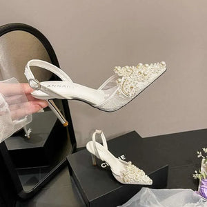 French Pearl Sandals Women Satin White Wedding Elegant Sexy Flower Heels Bridal Shoes Kq8