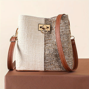 Stylish PU Leather Crossbody Bucket Bag - Adjustable Shoulder Strap, Multiple Pockets, Geometric Pattern, Polyester Lining, Buckle Closure, Edge Painted - Perfect for Womens Occasional Use