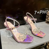 Summer New Rhinestone Bow Square Head One-Line Buckle High Heel Crystal Sandals Women Kq8