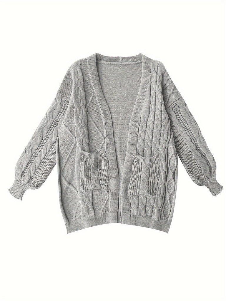 Cozy Plus Size Knit Cardigan - Comfy Cable Pattern with Pockets, Long Sleeve, Open Front - Ideal for Everyday Wear
