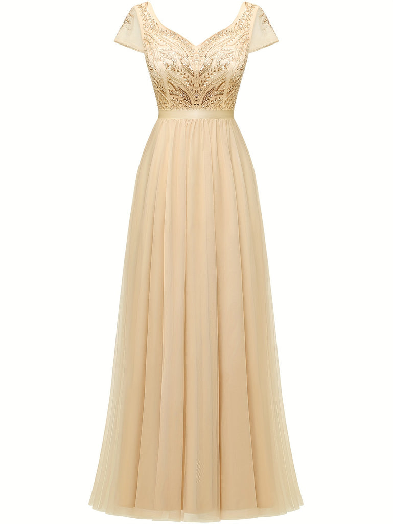 Timeless Lace V Neck Bridesmaid Dress - Chic Cap Sleeve A-line Design - Luxurious for Parties & Banquets - Womens Special Occasion Wear