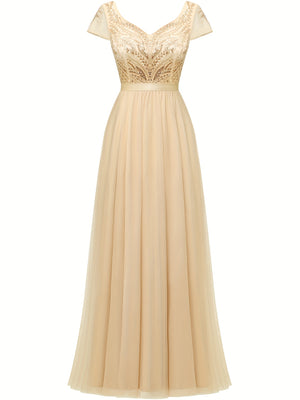 Timeless Lace V Neck Bridesmaid Dress - Chic Cap Sleeve A-line Design - Luxurious for Parties & Banquets - Womens Special Occasion Wear