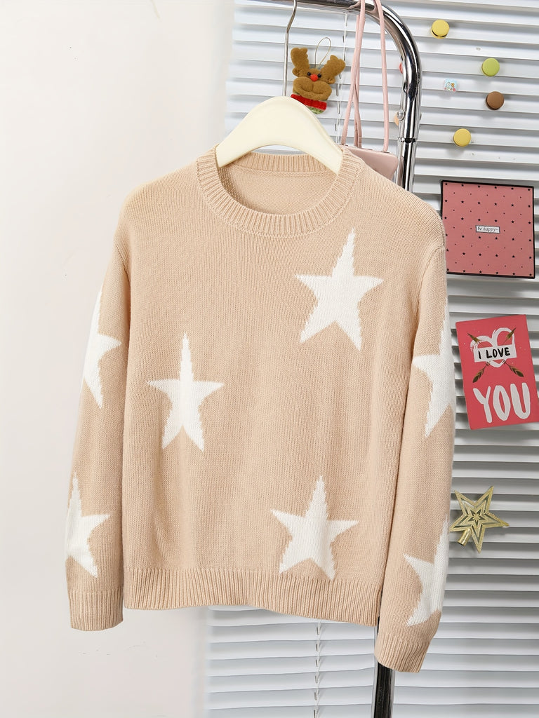 1pc Cozy Stars Pattern Crew Neck Sweater for Girls - Soft Casual Knit Pullover Jumper Top for Winter Fall Season - Girls' Warm and Comfortable Clothing for School Daily Wear