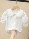 100% Cotton Girls Short Sleeve White Shirt with Lace Collar and Button Details - Dressy Blouse for Teenagers - Hand Wash Only, Perfect for Summer Weekend Casual Wear