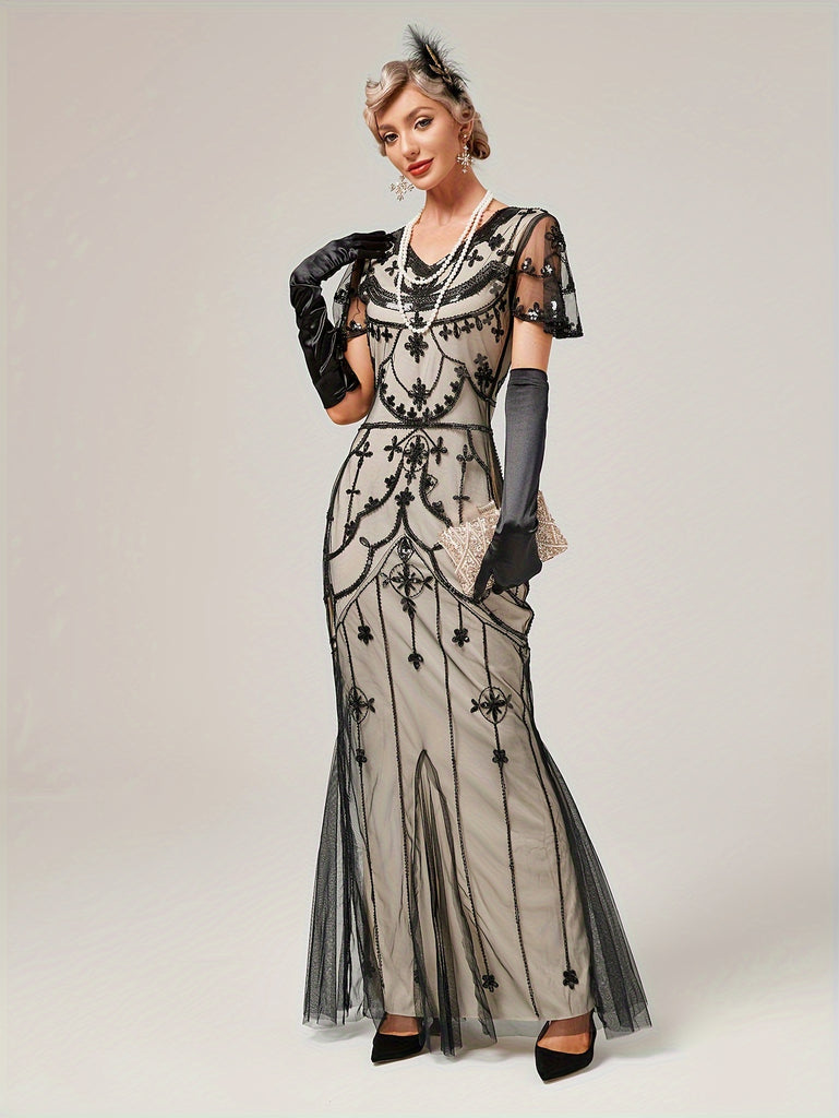 Vintage Long Length Embroidered Wedding Dress - Stunning Sequin Crew Neck Fitted Gown for Women - Polyester, No Elasticity, Woven, Perfect for Party, Banquet, Engagement, Ceremony and Special Occasions