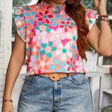 Plus Size Elegant Floral Print High Neck Shirting Blouse - Non-Stretch Polyester Fabric, Casual Flutter Sleeve, Random Printing, Perfect for Summer - Womens Comfortable and Stylish Clothing for Spring and Summer Seasons