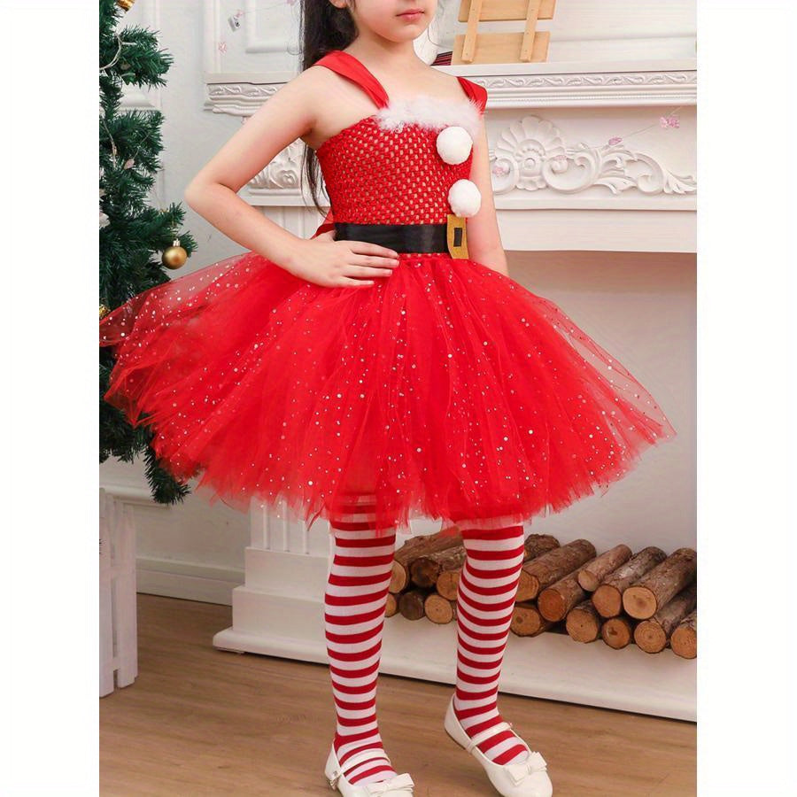 Santa Christmas Costume, Sleeveless Tulle Patchwork A-Line Dress + Long Stocking + Headband/Hat Cosplay Clothes
