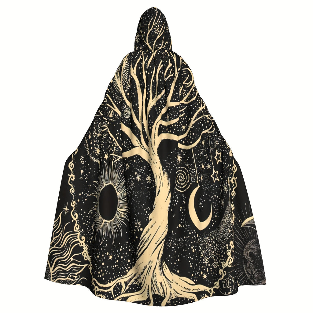 Unisex Viking-Inspired Hooded Cloak-Tree of Life & Celestial Design-Soft Shawl for Cosplay & Parties, 58*60inch, 1pc