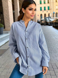 Stripe Print Button Front Blouse, Casual Long Sleeve Blouse For Spring & Fall, Women's Clothing