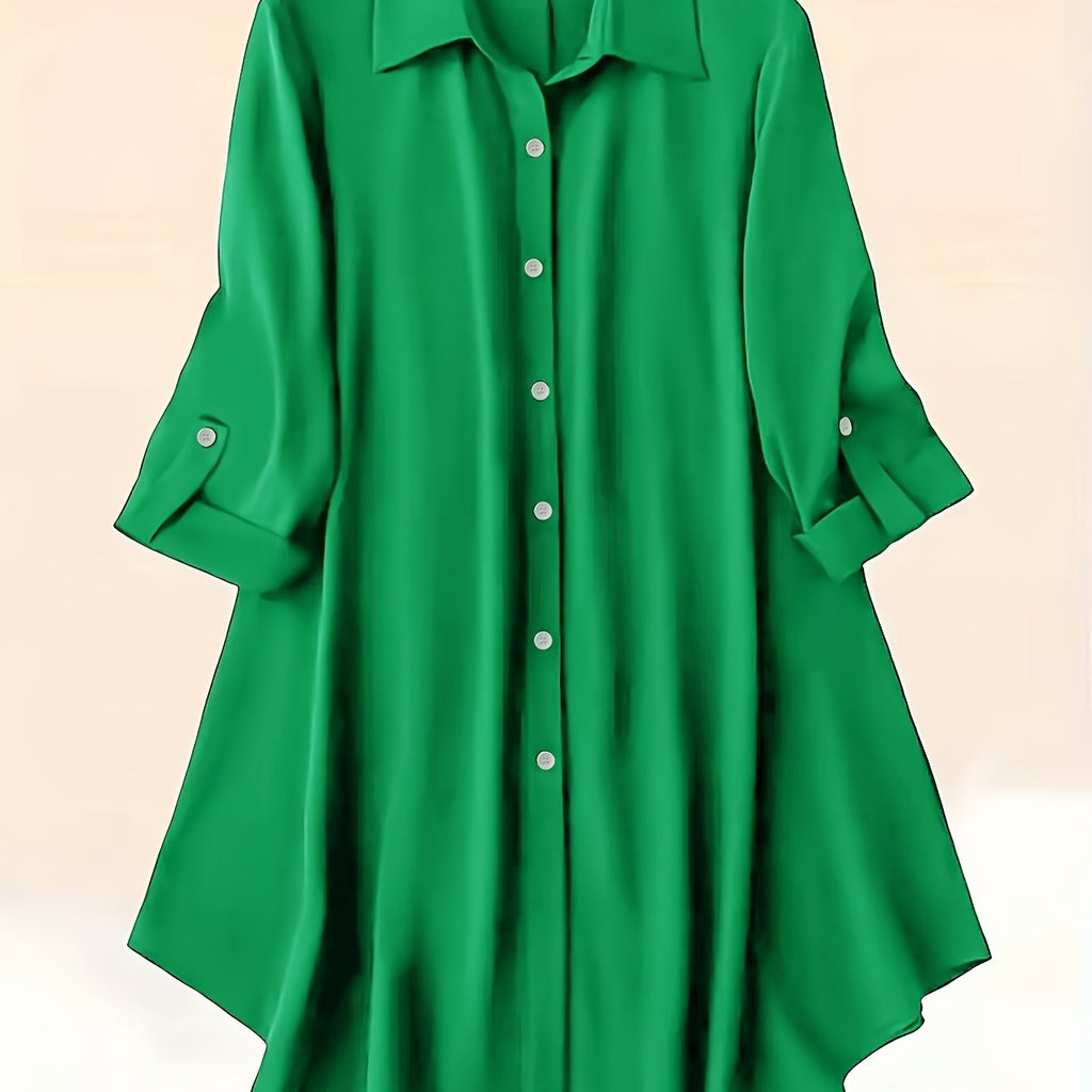 Plus Size Solid Collared Button Shirt - Relaxed Fit for Ultimate Comfort, Classic Long Sleeves, Stylish Solid Collar, and Button Front - Perfect for Transitioning Seasons (Spring & Fall), Designed Specifically for Plus Size Women