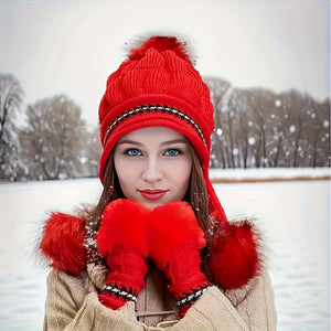 Winter Knit Beanie and Fingerless Gloves Set for Women, 100% Polyester Furry Hat with Ear Warmer - Elastic Yarn-Dyed Knitted Cap and Gloves Combo, Fashionable Cold Weather Accessories