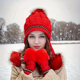 Winter Knit Beanie and Fingerless Gloves Set for Women, 100% Polyester Furry Hat with Ear Warmer - Elastic Yarn-Dyed Knitted Cap and Gloves Combo, Fashionable Cold Weather Accessories