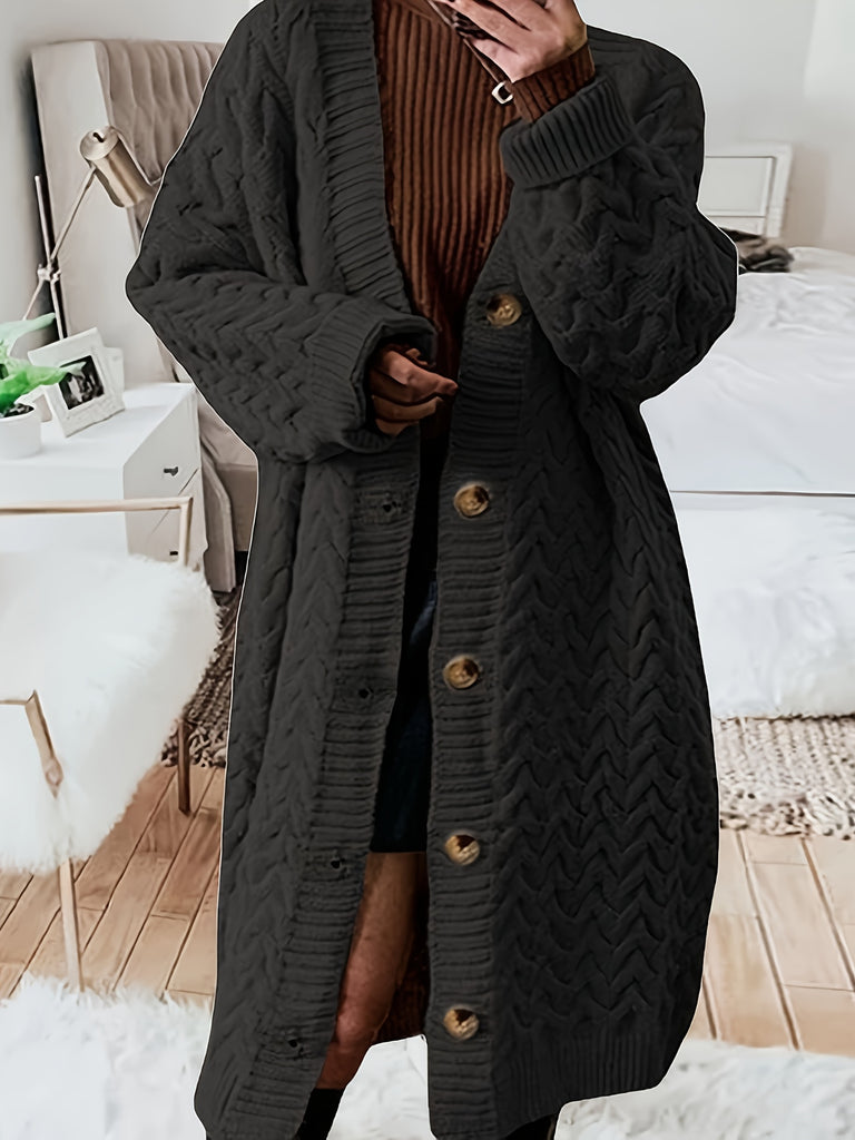 Chic Plus Size Cozy Cable Knit Cardigan - Button-Up Long Sleeve, Versatile Everyday Sweater for Full-Figured Women